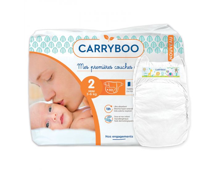 CARRYBOO Couches Ecologiques Dermo-sensitives T2 - 3 6Kg - 30 couches Blanc