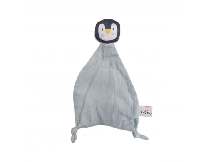 CAROTTE & CIE Doudou Pingouin Double Gaze de Coton Bio - Bleu Glacier - Ds la Naissance