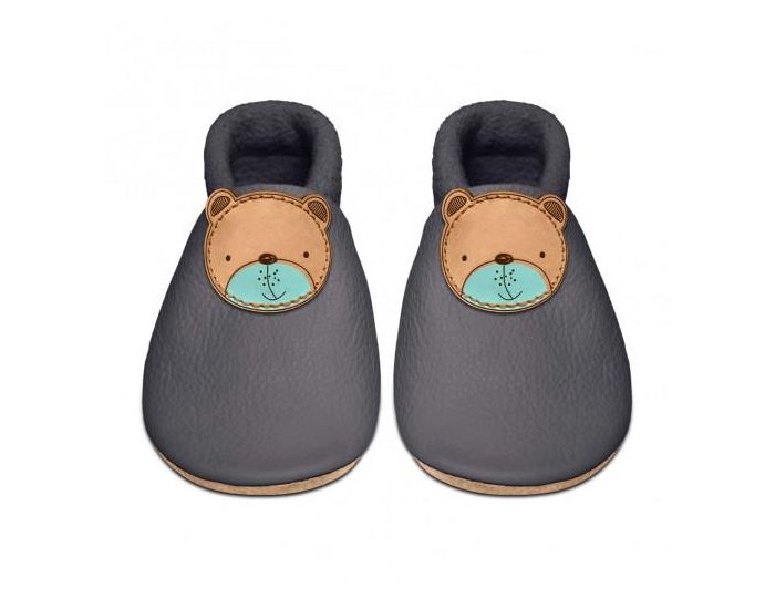 SEVIRA KIDS Chaussons Bb en Cuir Souple - Ourson Gris