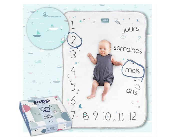 SNAP THE MOMENT Couverture 2 en 1 Photobooth 100% coton - Aqua marine