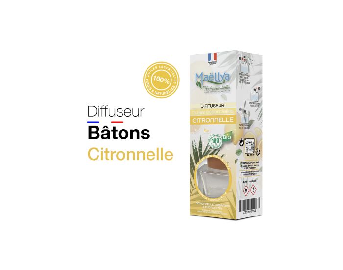 MAELLYA Lot de 2 Diffuseurs Btons Bio aux Huiles Essentielles Citronnelle Anti Volants - 40 ml