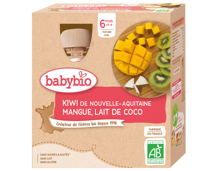 BABYBIO Gourdes - 4x90g - Ds 6 mois Kiwi - Mangue - Lait de Coco