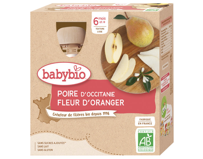 BABYBIO Gourdes - 4x90g - Ds 6 mois Poire - Fleur d'Oranger