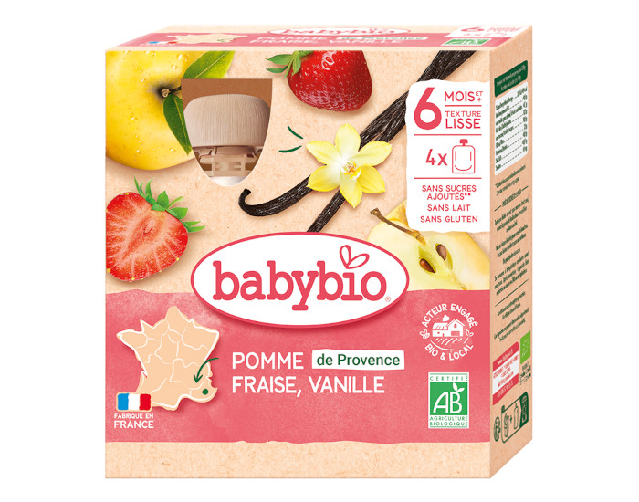 BABYBIO Gourdes - 4x90g - Ds 6 mois Pomme - Fraise - Vanille