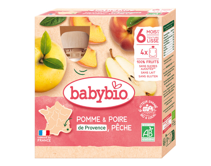 BABYBIO Gourdes - 4x90g - Ds 6 mois Pomme - Poire - Pche