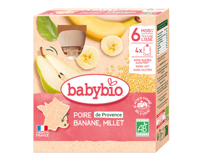 BABYBIO Gourdes - 4x90g - Ds 6 mois Poire - Banane - Millet