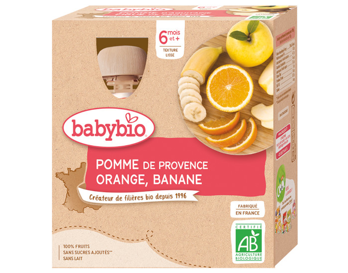 BABYBIO Gourdes - 4x90g - Ds 6 mois Pomme - Orange - Banane