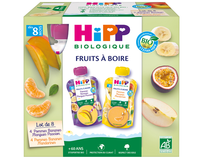 HIPP Gourdes Fruits à boire Multipack 2 Variétés - 8 x 90 ml - Dès 8 mois