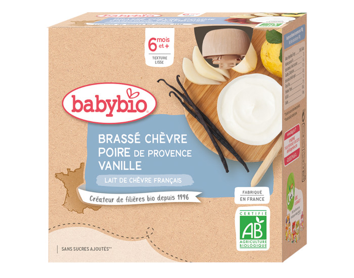 BABYBIO Gourde Brass de Chvre - Ds 6 mois - 4 x 85 g Poire de Provence Vanille - 6 mois