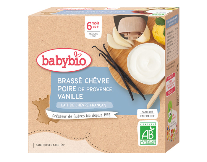 BABYBIO Gourde Brassé de Chèvre - Dès 6 mois - 4 x 85 g Poire de Provence Vanille - 6 mois