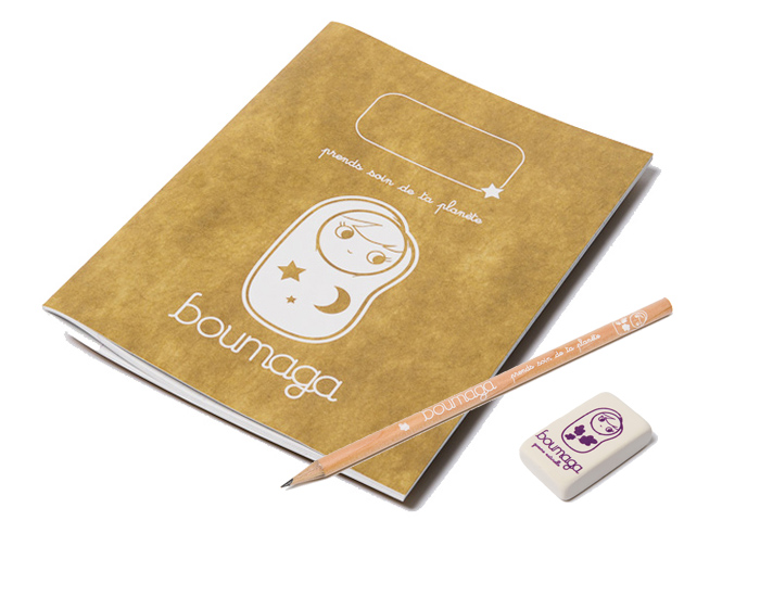 BOUMAGA Set Jolie Papeterie 1 Cahier, 1 Gomme et 1 Crayon en Bois - Fabriqu� en France