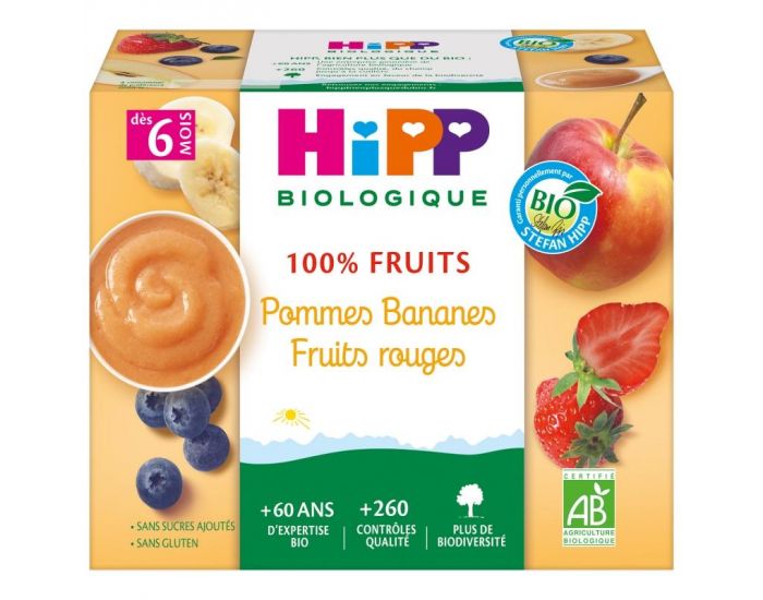 HIPP 100% Fruits Pommes Bananes Fruits rouges - 4 coupelles (1)