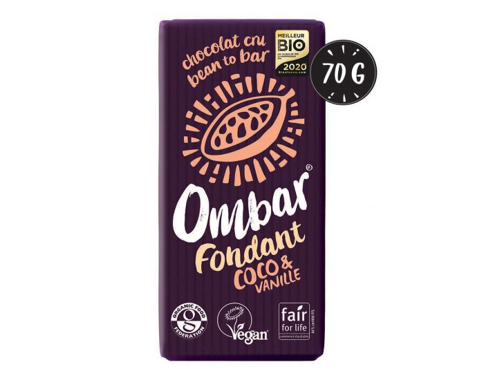 OMBAR Lot de 9+1Chocolat Cru Fondant Vanille-Coco 70g Bio (1)