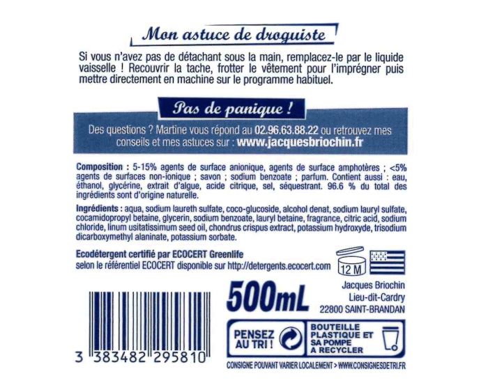 JACQUES BRIOCHIN Le Liquide Vaisselle au Savon noir - 500ml (1)