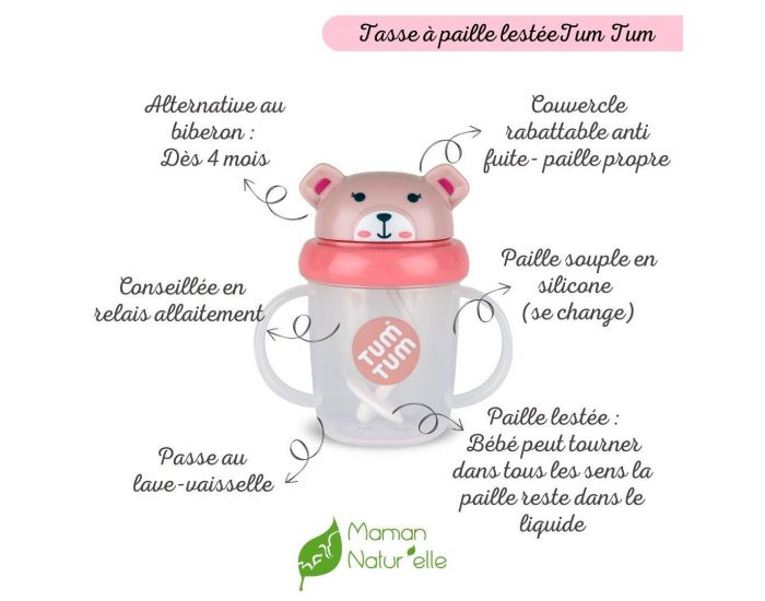 TUM TUM Tasse Anti Fuite + Paille Lest�e - Ourson Rose (1)