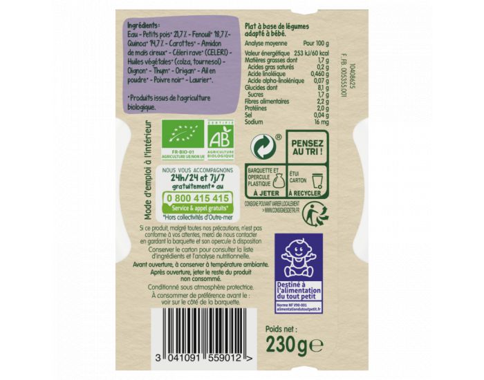 BLEDINA Les R�coltes Bio - 5 Assiettes Petits Pois 230g - Fenouil - Quinoa - D�s 12 Mois (2)