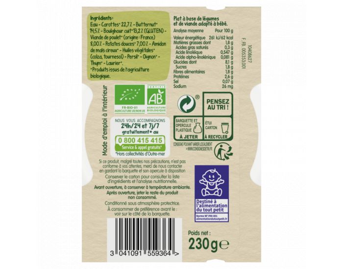 BLEDINA Les R�coltes Bio - Lot de 5 Assiettes 230g - Butternut - Patate douce - Poulet - D�s 12 Mois (2)