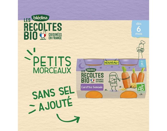 BLEDINA Les Rcoltes Bio - Lot de 24 Petits Pots 130g - Carottes - Semoule - Ds 6 Mois (1)