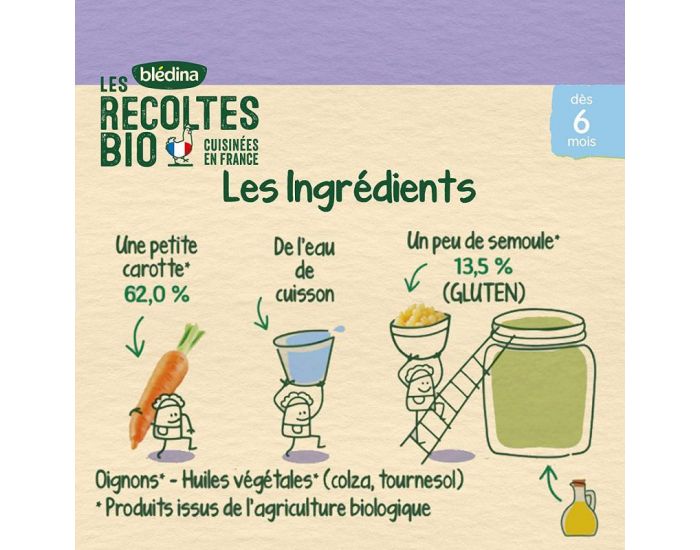 BLEDINA Les Rcoltes Bio - Lot de 24 Petits Pots 130g - Carottes - Semoule - Ds 6 Mois (2)