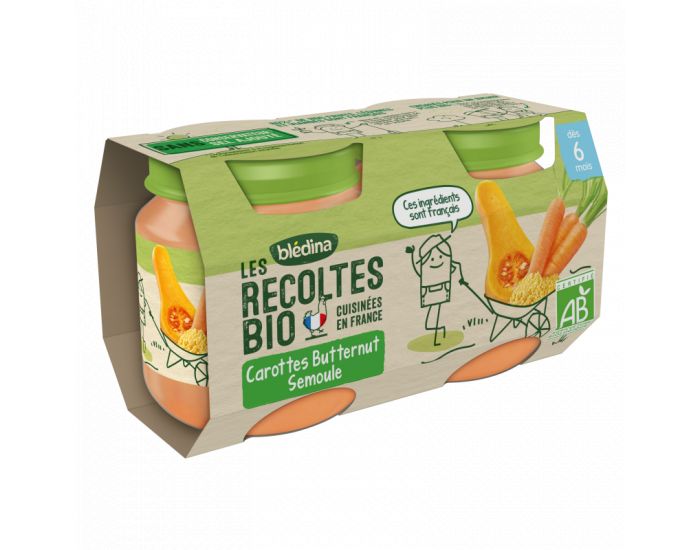 BLEDINA Les Rcoltes Bio - Lot de 24 Petits Pots Carottes - Butternut - Semoule 130g - Ds 6 Mois (1)