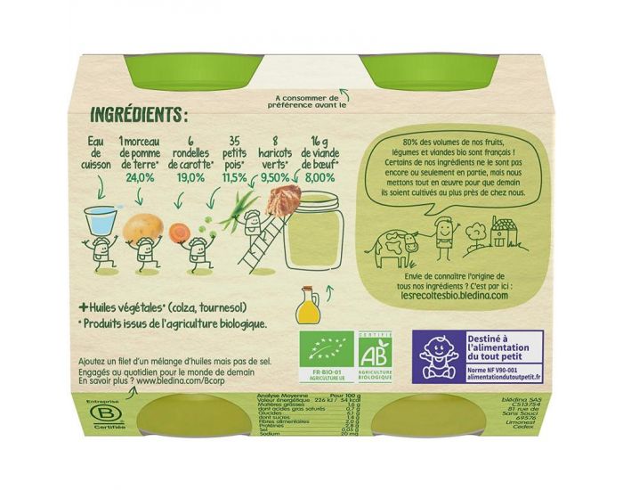 BLEDINA Les Rcoltes Bio - Lot de 12 Petits Pots Lgumes du Jardin - Boeuf 200g - Ds 6 Mois (2)
