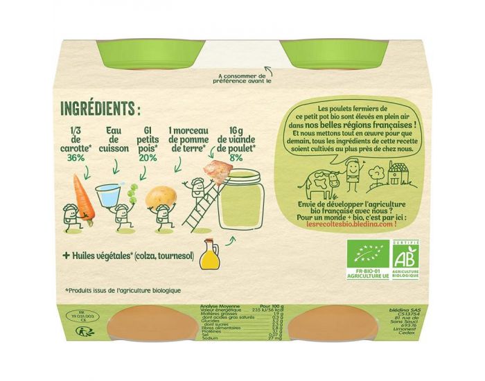 BLEDINA Les R�coltes Bio - Lot de 12 Petits Pots 200g - Carottes - Petits Pois - Poulet - D�s 6 Mois (2)