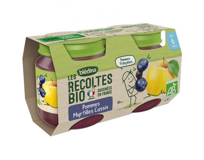 BLEDINA Les Récoltes Bio - Lot de 24 Petits Pots Pommes - Myrtilles - Cassis 130g - Dès 6 Mois (1)