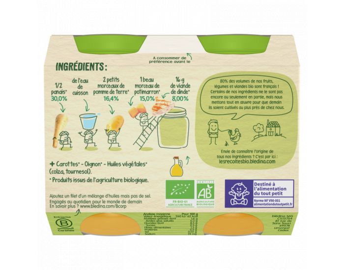 BLEDINA Les R�coltes Bio - Lot de 12 Petits Pots Panais - Potimarron - Dinde - D�s 8 Mois (2)