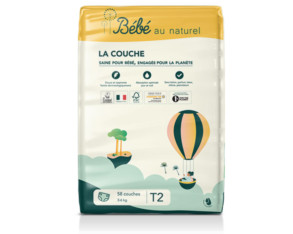 BEBE AU NATUREL La Couche Ecologique - Pack Economique Taille 2 / 3-6 kg A l'unité / 58 couches (1)