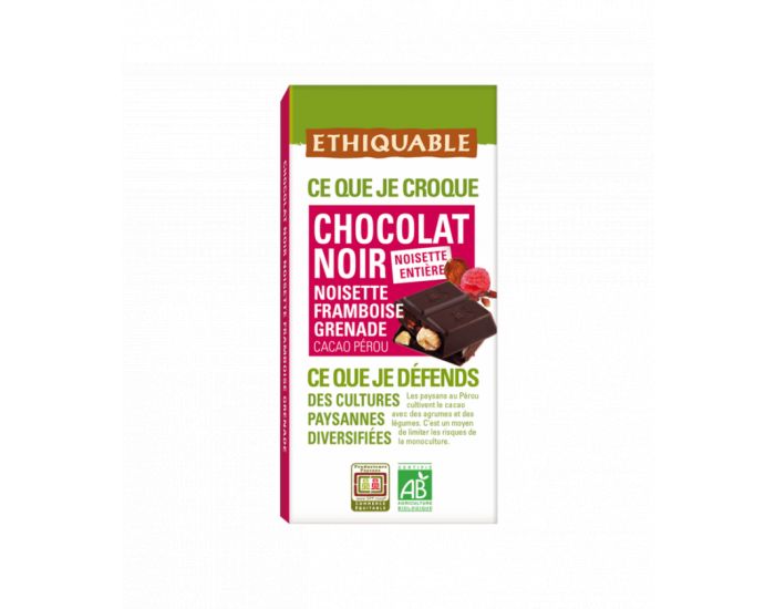 ETHIQUABLE Chocolat Noir 65% de Cacao Noisette, Framboise et Grenade - Bio & Equitable - 100g (1)