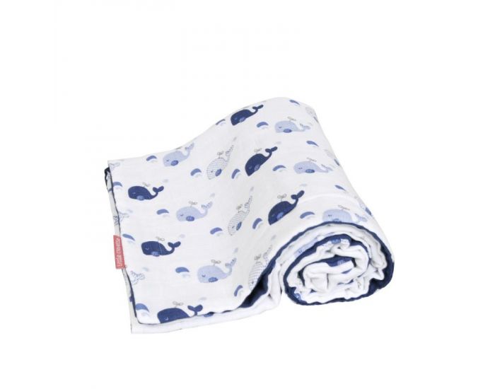 LITTLE CREVETTE Couverture en lange bleue Baleine - coton bio - 80x120 cm (1)