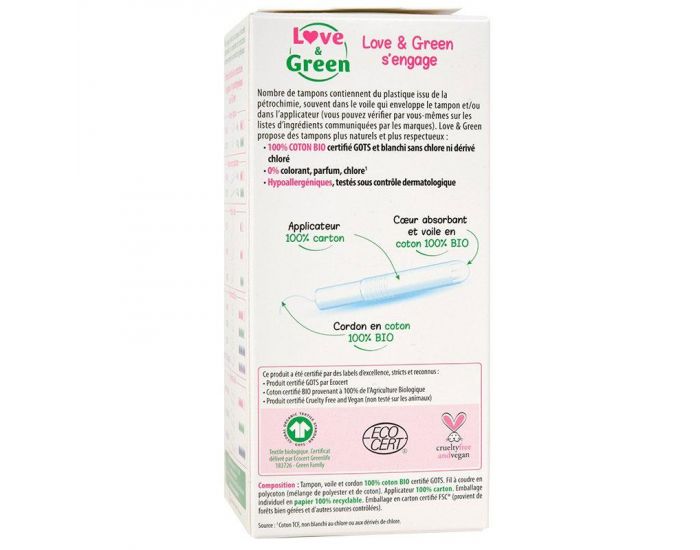 LOVE & GREEN Boite de 14 Tampons 100% Coton Bio avec Applicateur - Super (2)