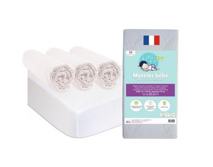 EASY DORT Matelas + 3 Draps Housse + 2 Al�ses - Coton Bio - Blanc - 70x140 cm (1)