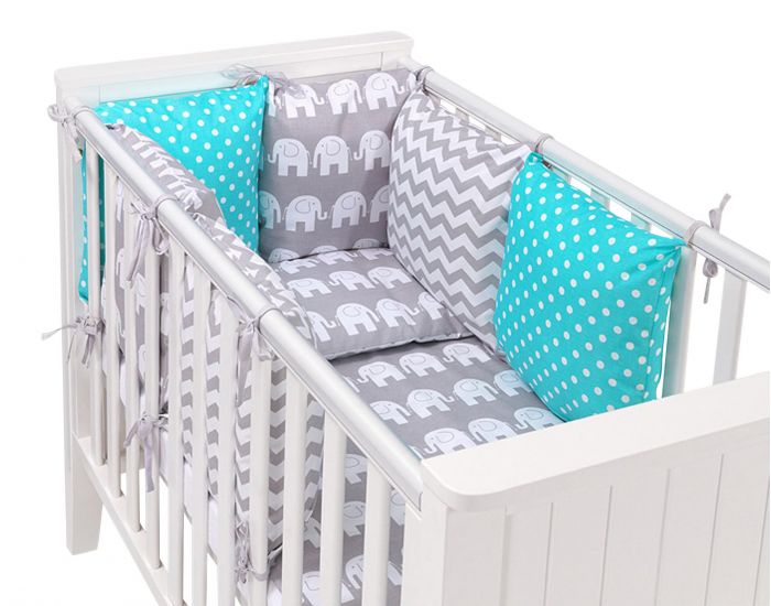 SEVIRA KIDS Tour de lit � coussins modulables avec parure r�versible - El�phants - Gris/Turquoise (1)