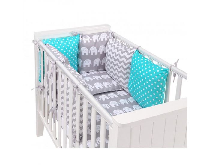 SEVIRA KIDS Tour de lit � coussins modulables avec parure r�versible - El�phants - Gris/Turquoise (9)