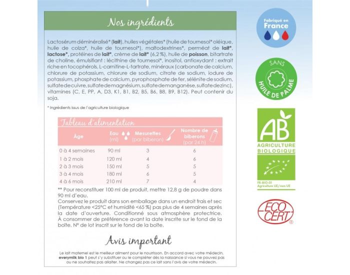 EVERYMILK Lait Infantile Bio 1 - de 0 � 6 Mois - 800 g (6)