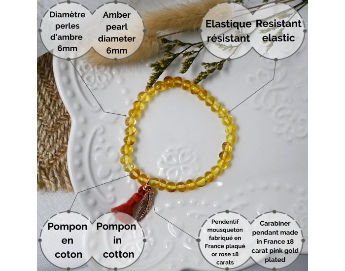 IRRVERSIBLE Exclu Web - Bracelet Adulte - Ambre Honey, Pompon Rouille et Plume Or Rose (4)