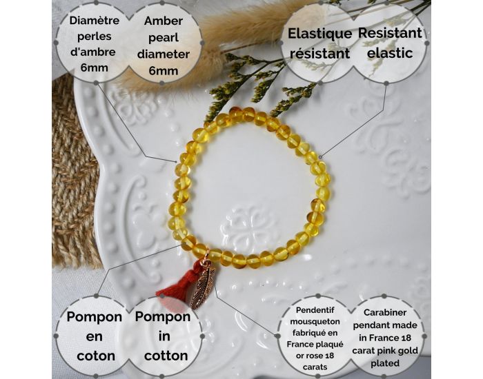 IRR�VERSIBLE Exclu Web - Bracelet Adulte - Ambre Honey, Pompon Rouille et Plume Or Rose (4)