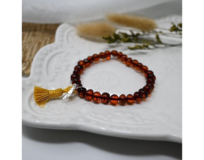 IRR�VERSIBLE Exclu Web - Bracelet Adulte - Ambre Cognac, Pompon Moutarde et Plume Argent (1)