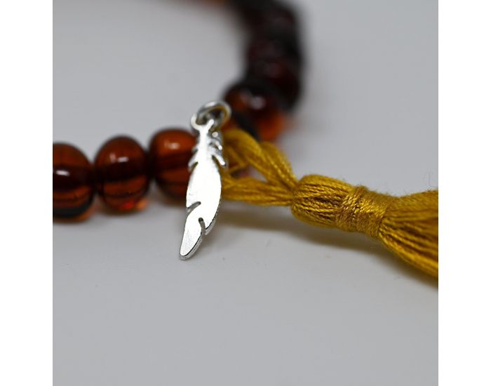 IRR�VERSIBLE Exclu Web - Bracelet Adulte - Ambre Cognac, Pompon Moutarde et Plume Argent (2)