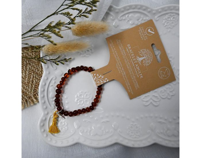 IRR�VERSIBLE Exclu Web - Bracelet Adulte - Ambre Cognac, Pompon Moutarde et Plume Argent (3)