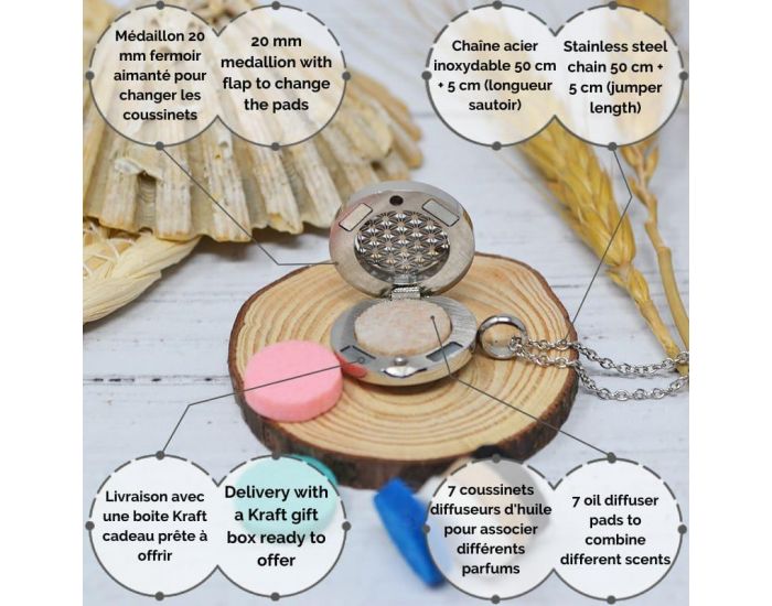 IRR�VERSIBLE Collier M�daillon Diffuseur d'Huiles Essentielles - Fleur de Vie avec 7 Feutrine (3)