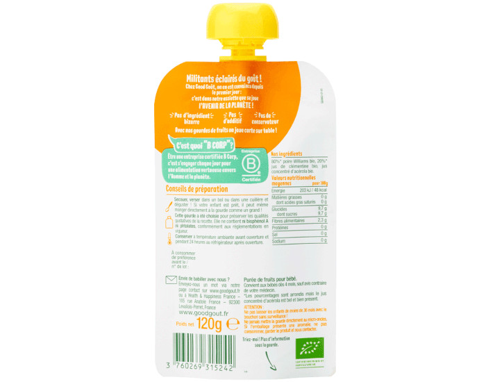 GOOD GOUT Gourde de Fruit pour Bb 120 g - Poire Clmentine - Ds 4 mois (1)