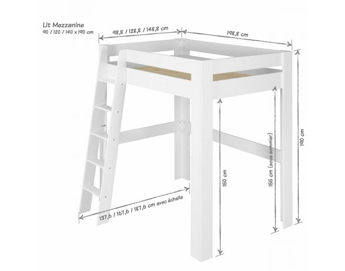 AKITEN RETAIL Pack Lit Mezzanine avec Bureau et Matelas - Ali - Blanc et Bois (3)