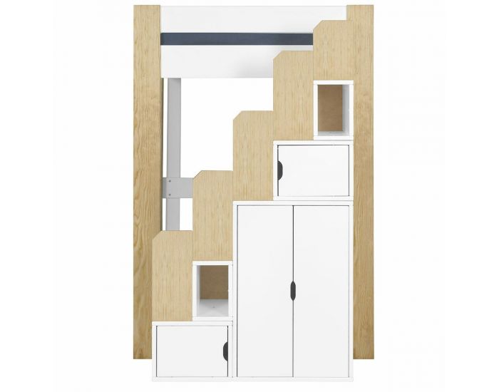 AKITEN RETAIL Pack Lit Mezzanine 2 Places avec Escalier, Bureau et Matelas - Alex - Blanc et Bois (3)