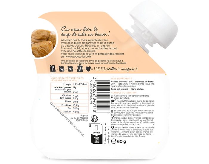 POPOTE Gourde Veau Bio - 60 g - Ds 4/6 mois (1)