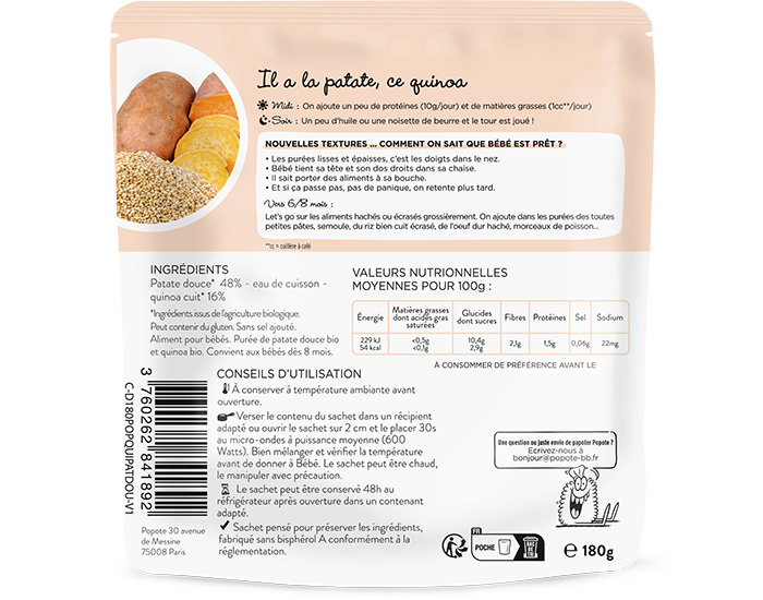 POPOTE Les Moulines Patate Douce Quinoa - 180g - Ds 6/8 mois (1)