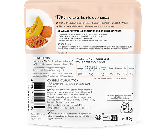 POPOTE Les Moulines Potimarron Lentilles Corail - 180g - Ds 6/8 mois (1)