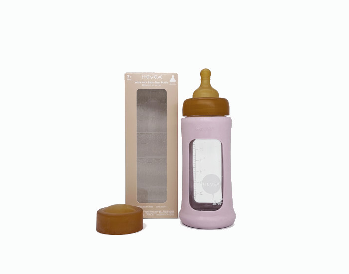 HEVEA Biberon en Verre Zro Plastique avec Housse de Protection - 250 ml Rose Poudr  (1)
