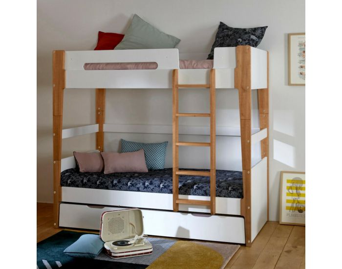 AKITEN RETAIL Pack Lit Superpos� Modulable Gigogne - avec 3 Matelas - Romy Blanc et bois (2)